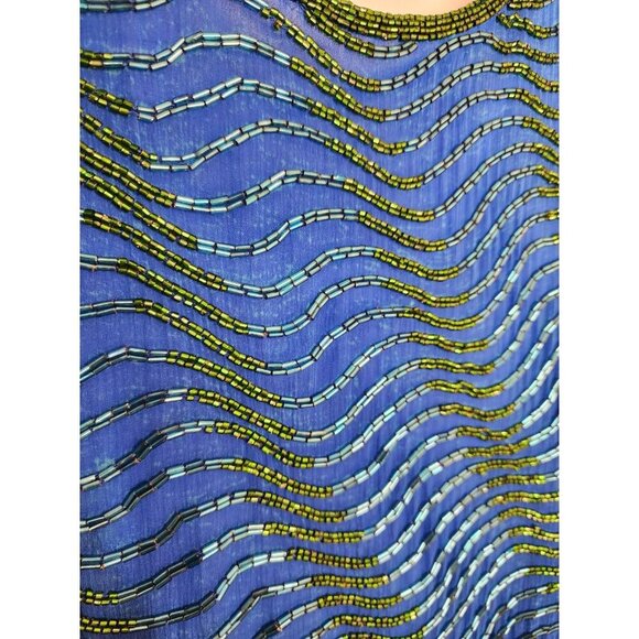 Size PM Vintage Scala 100% Silk Fully Beaded Green Blue Low Back Dress Stunning - Picture 5 of 7